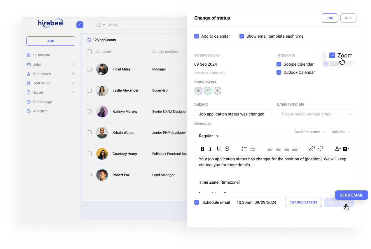 Hirebee’s integration for scheduling and conducting video interviews directly from the dashboard, saving time and improving the candidate experience.