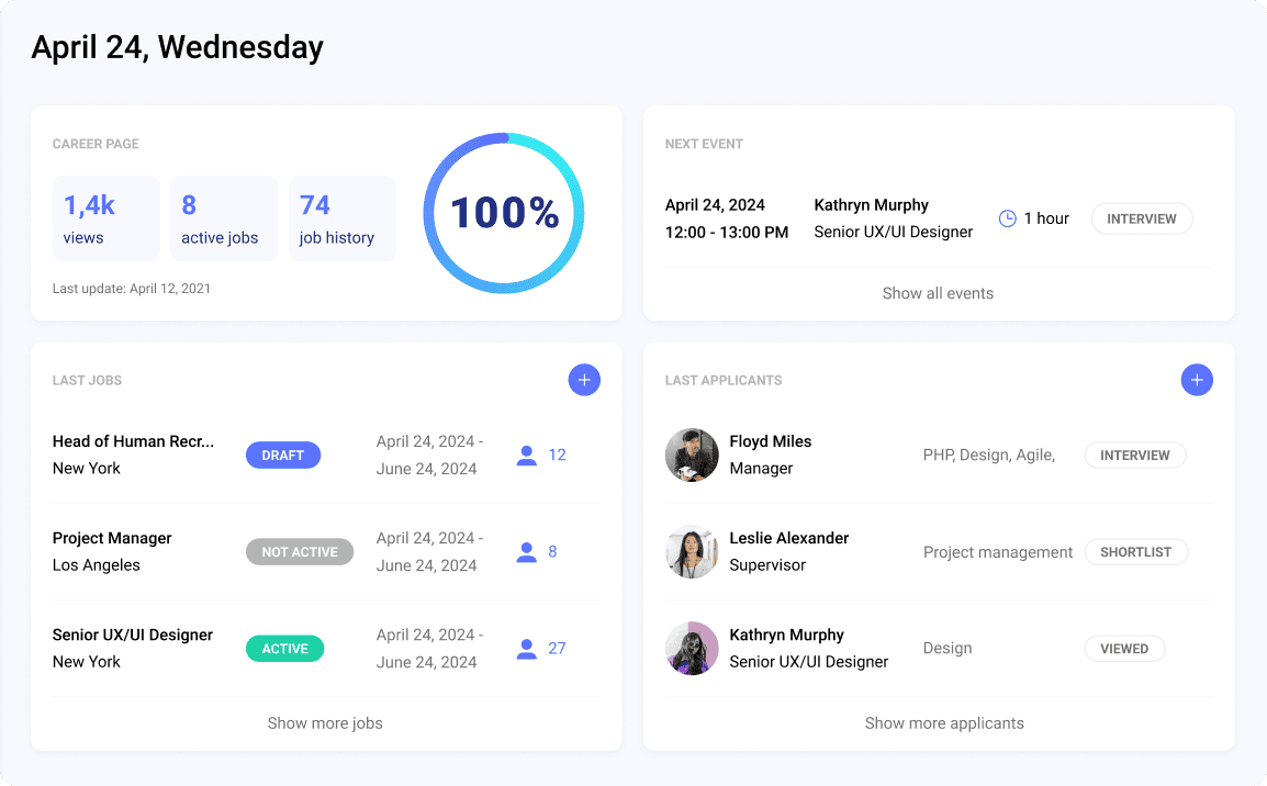 Recruitment management software displaying Hirebee’s dashboard for tracking candidate relationships and streamlining the hiring process.