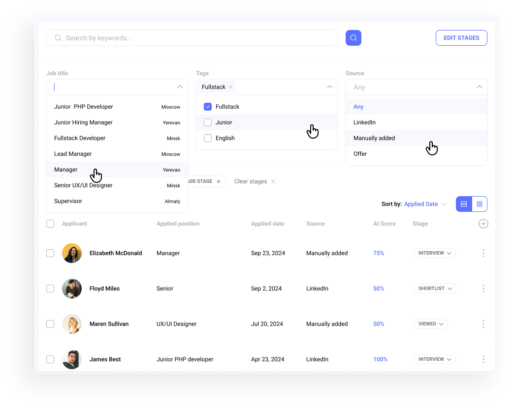 Hirebee's advanced grouping, tagging, and hashtag features for easy candidate organization, quick actions, and efficient search and filtering in recruitment.