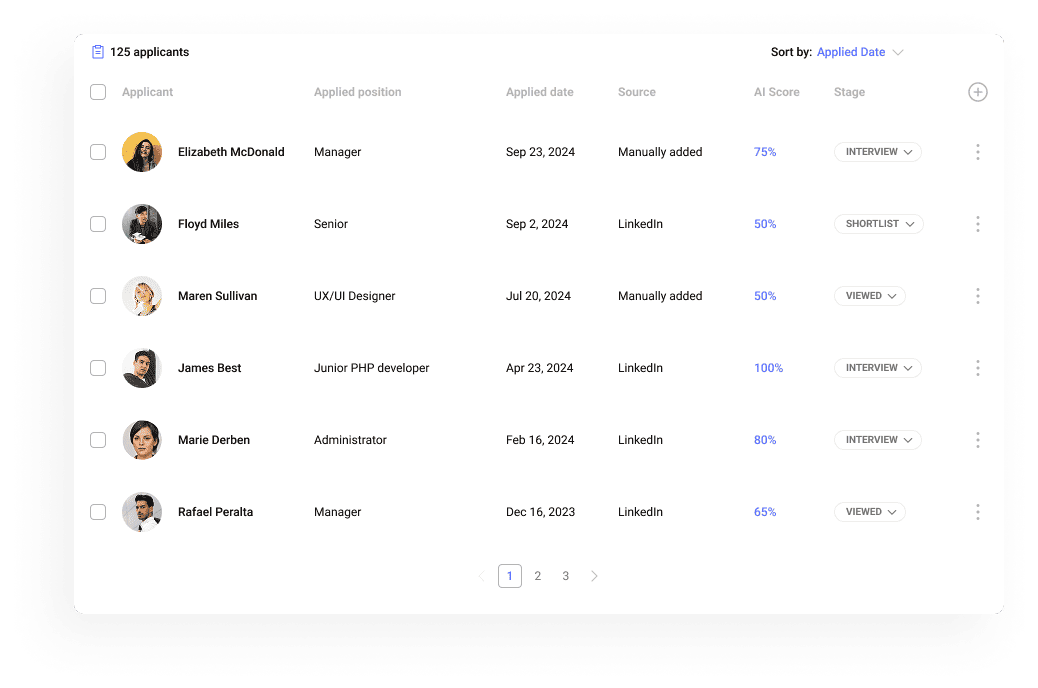 Candidate sourcing software displaying an applicant list to help recruiters efficiently manage and track top talent in the hiring pipeline.