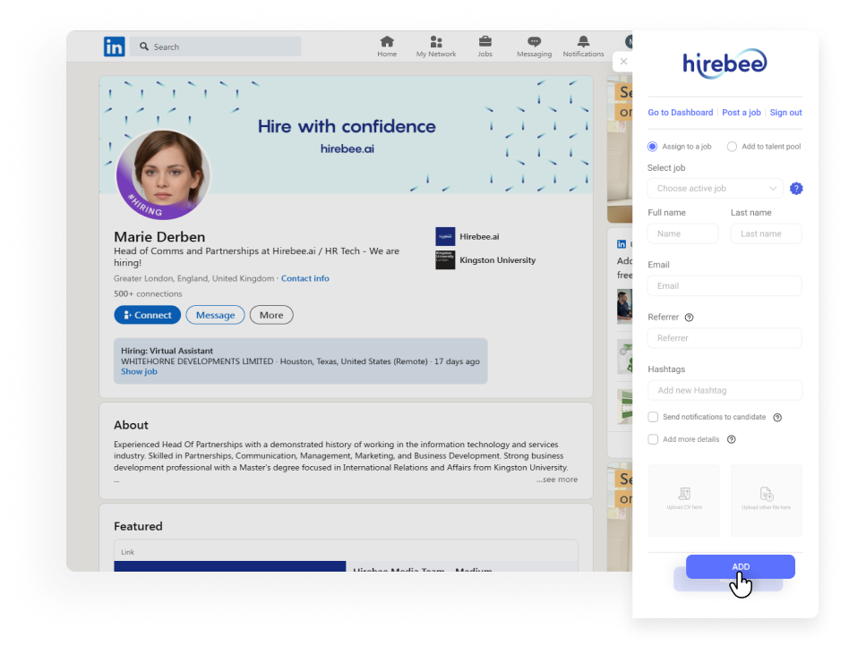Boost your candidate sourcing with Hirebee's free Chrome extension, letting you discover top talent from platforms like LinkedIn and GitHub.