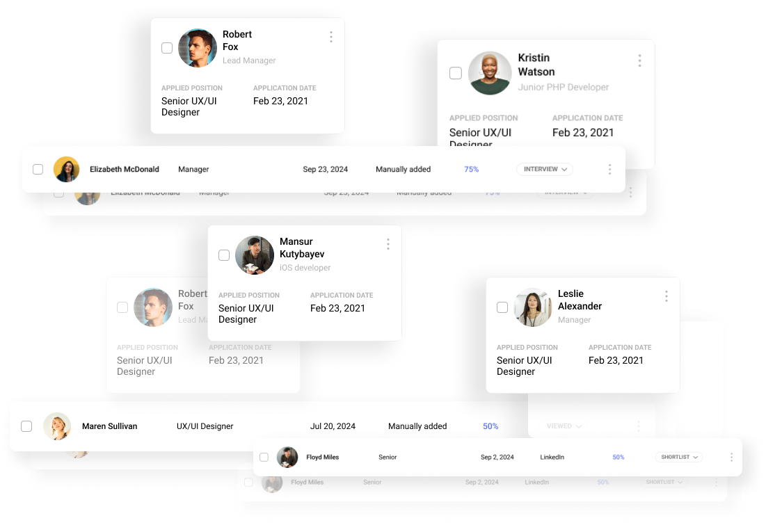 Candidate screening software displaying AI-generated scores to help recruiters evaluate and shortlist top candidates efficiently.