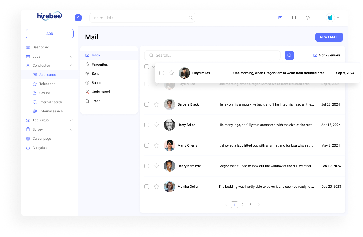 Hirebee's direct chat feature for real-time candidate engagement, information requests, task sending, and interview scheduling.