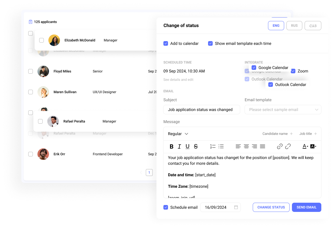 Hirebee's calendar and mailbox with Google/Outlook sync, smart notifications, and interview confirmations for better organization and time savings.