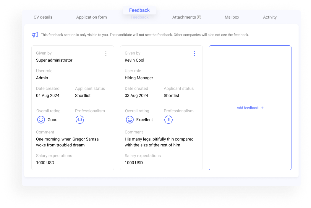 "Customizable interview scorecards on Hirebee platform, allowing users to create and tailor scorecards.