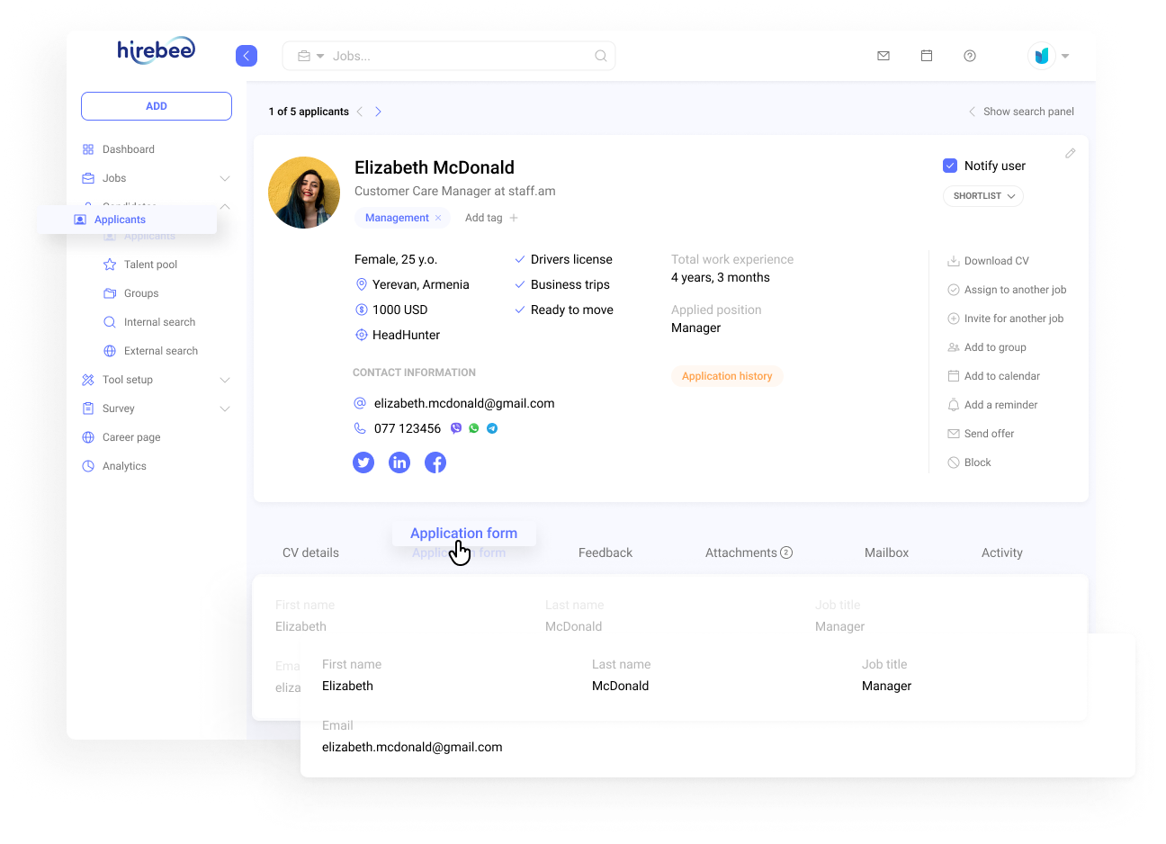 Hirebee's customizable application forms with tailored fields, pre-onboarding, and assessments to streamline the recruitment process.