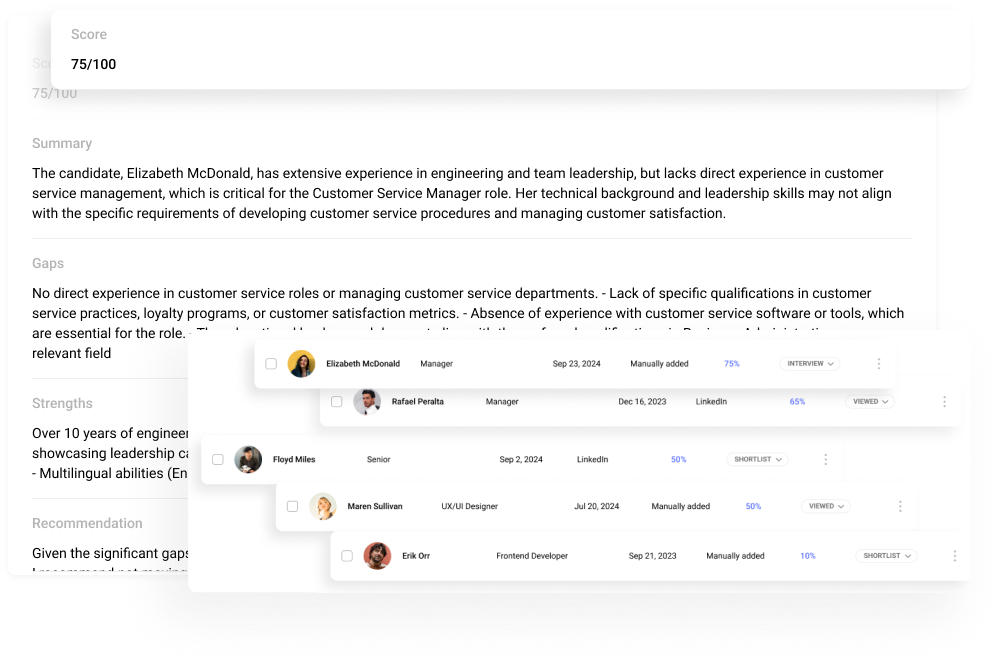 AI-powered candidate sourcing ranks applicants based on skills, experience, and job compatibility, helping you quickly identify the best-fit candidates.
