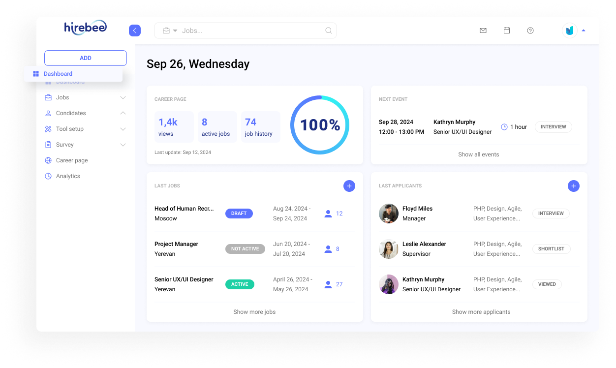 Hirebee's dashboard showcasing an easy-to-use interface with list and column views, drag-and-drop features for managing candidate status, and tools for filtering and sorting applications, designed to streamline recruitment and save time.