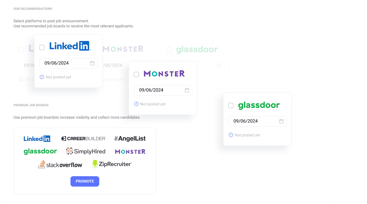 Screenshot of the Hirebee platform displaying multiple job boards (Indeed, Glassdoor, LinkedIn, and more) where users can post their job listings.