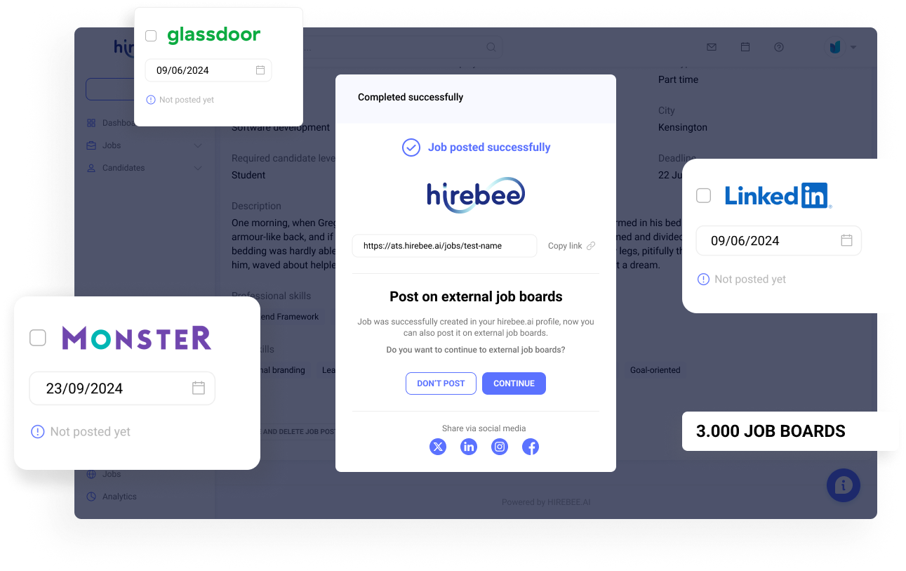 Hirebee platform integrating with 3000+ job boards, offering cost-effective job distribution to enhance visibility and attract qualified candidates.