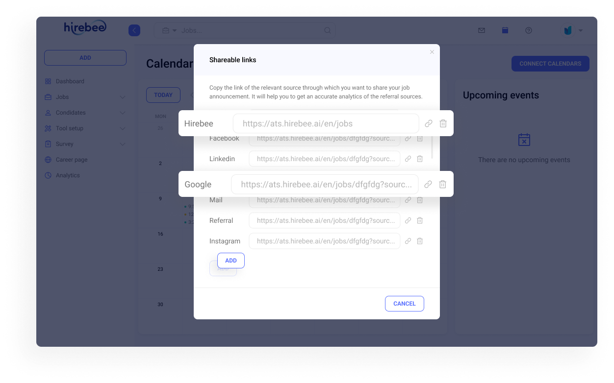 Boost your corporate social media presence with Hirebee by posting vacancies on Facebook, LinkedIn, and Twitter, managing applications from your dashboard, and enhancing job posts with eye-catching visuals.