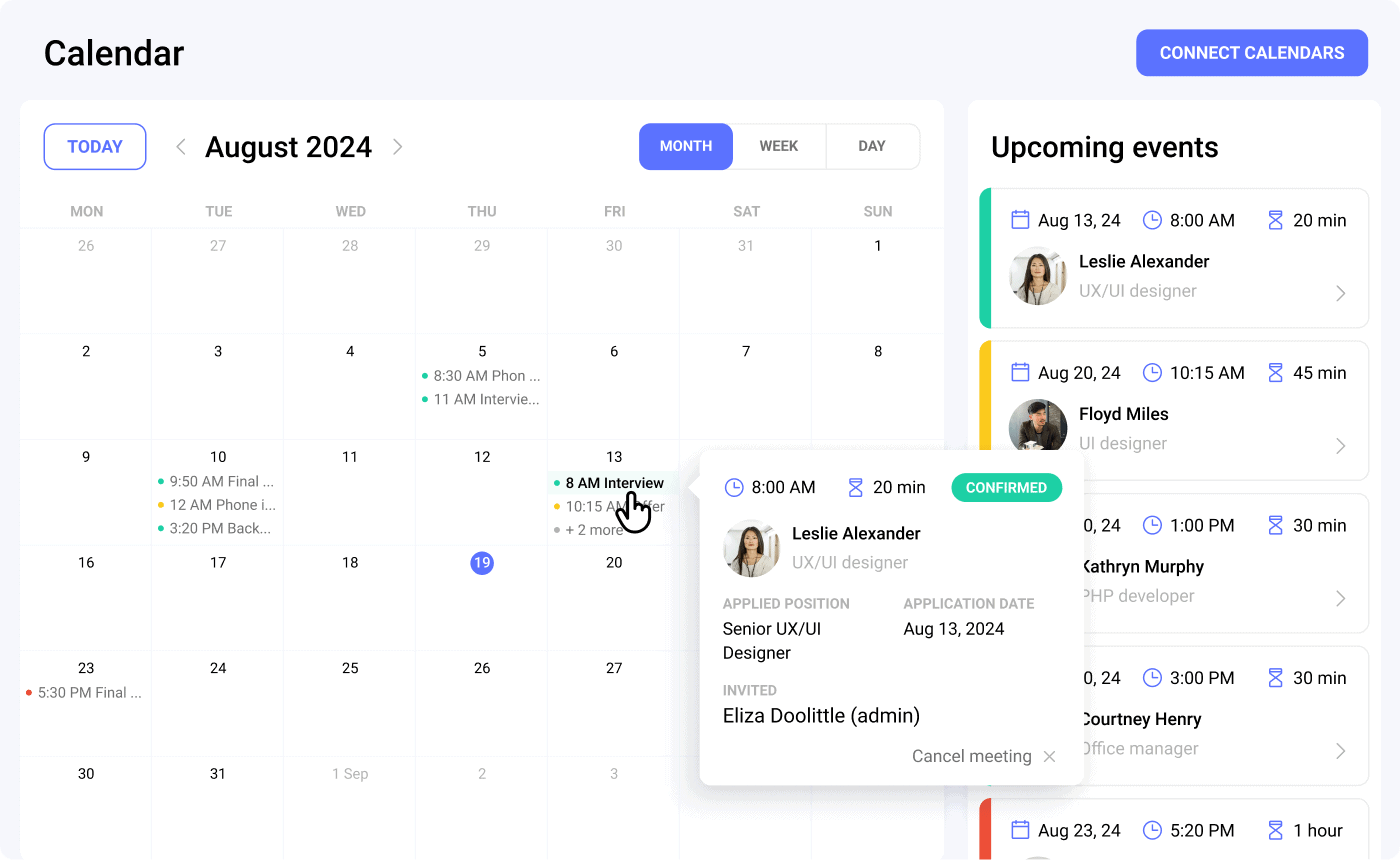 Recruitment automation software with Hirebee’s built-in calendar, showcasing an interview scheduled with an applicant for seamless hiring coordination.