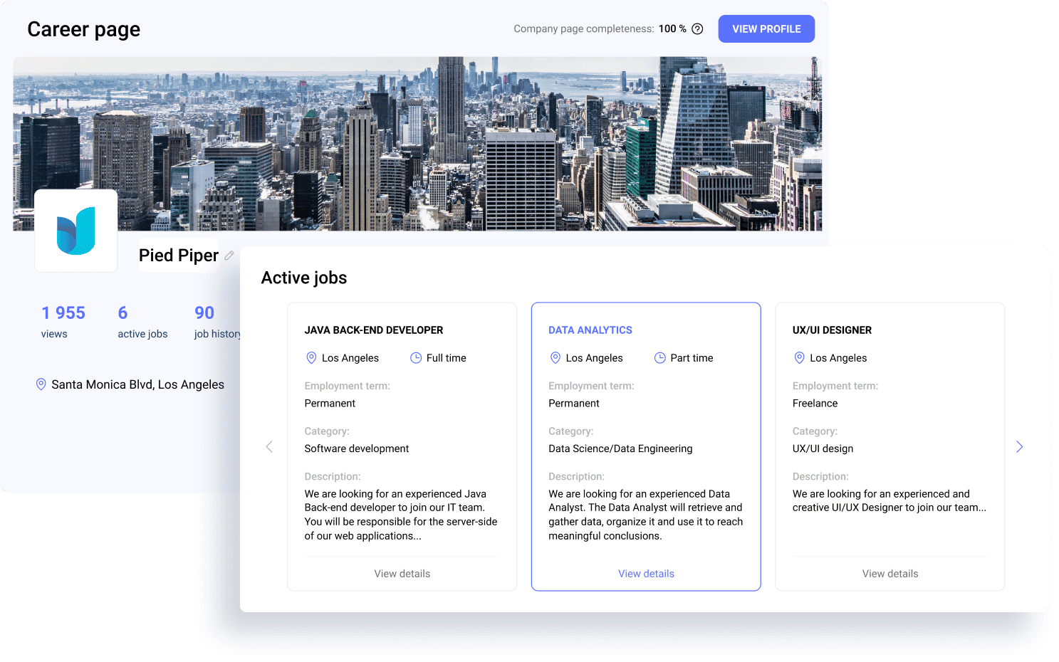 Recruitment marketing software displaying a company's career page with active job listings to attract and engage top talent.