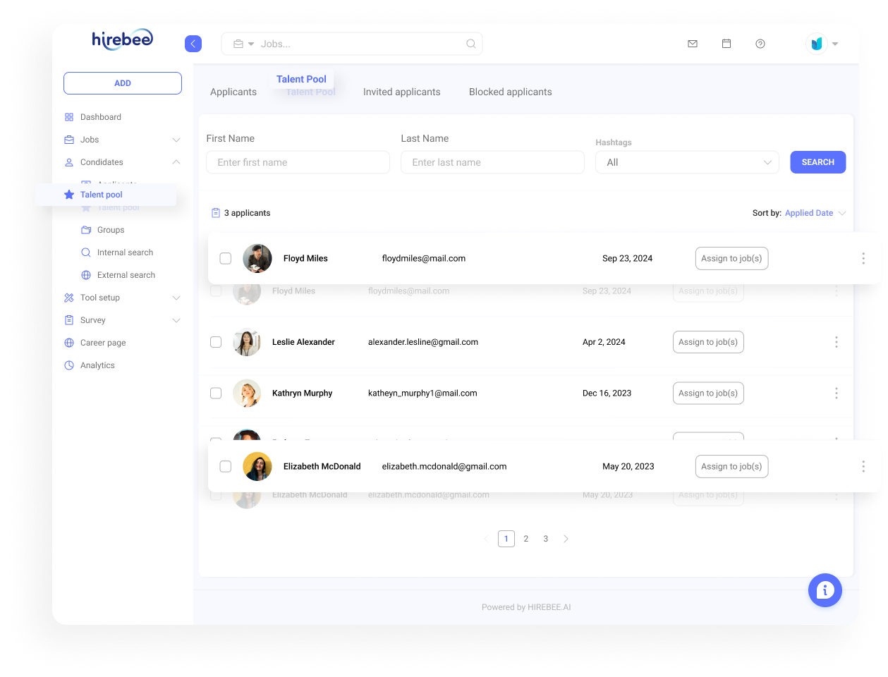 A page of Hirebee's talent pool that allow you to build a robust talent pool, quickly find resumes, and upload structured candidate CVs for faster hiring.