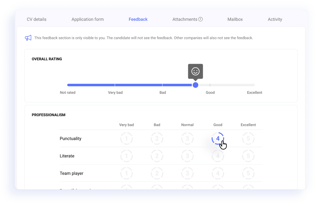 Customizable feedback form with rating options or score to assess candidates.