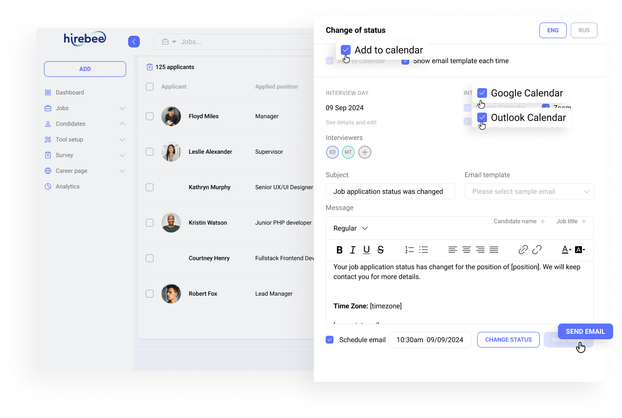 Seamless integration with Google and Outlook calendars to automatically sync meetings and interviews.