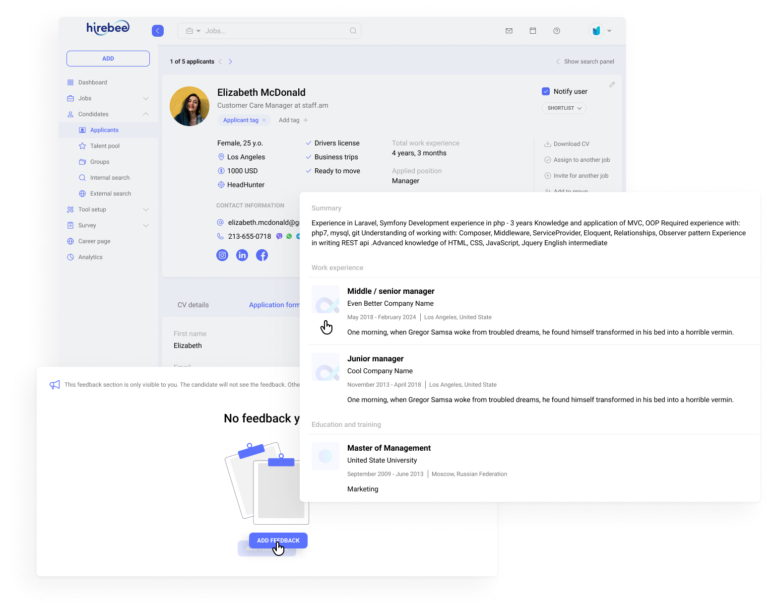 Candidate profile with key information such as name, email, phone, location, source, and CV for enhanced functionality, communication, and AI scoring.