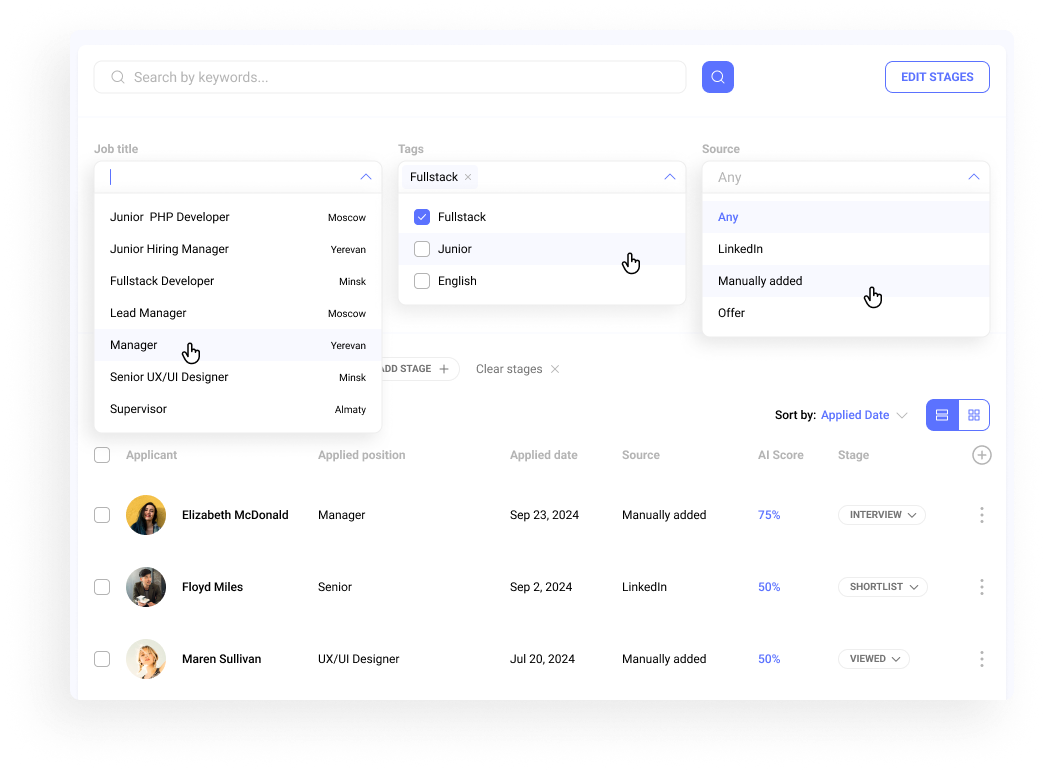 Hirebee simplifies candidate search with advanced internal and external search capabilities, using cutting-edge technology to help businesses find, engage, and hire top talent efficiently.
