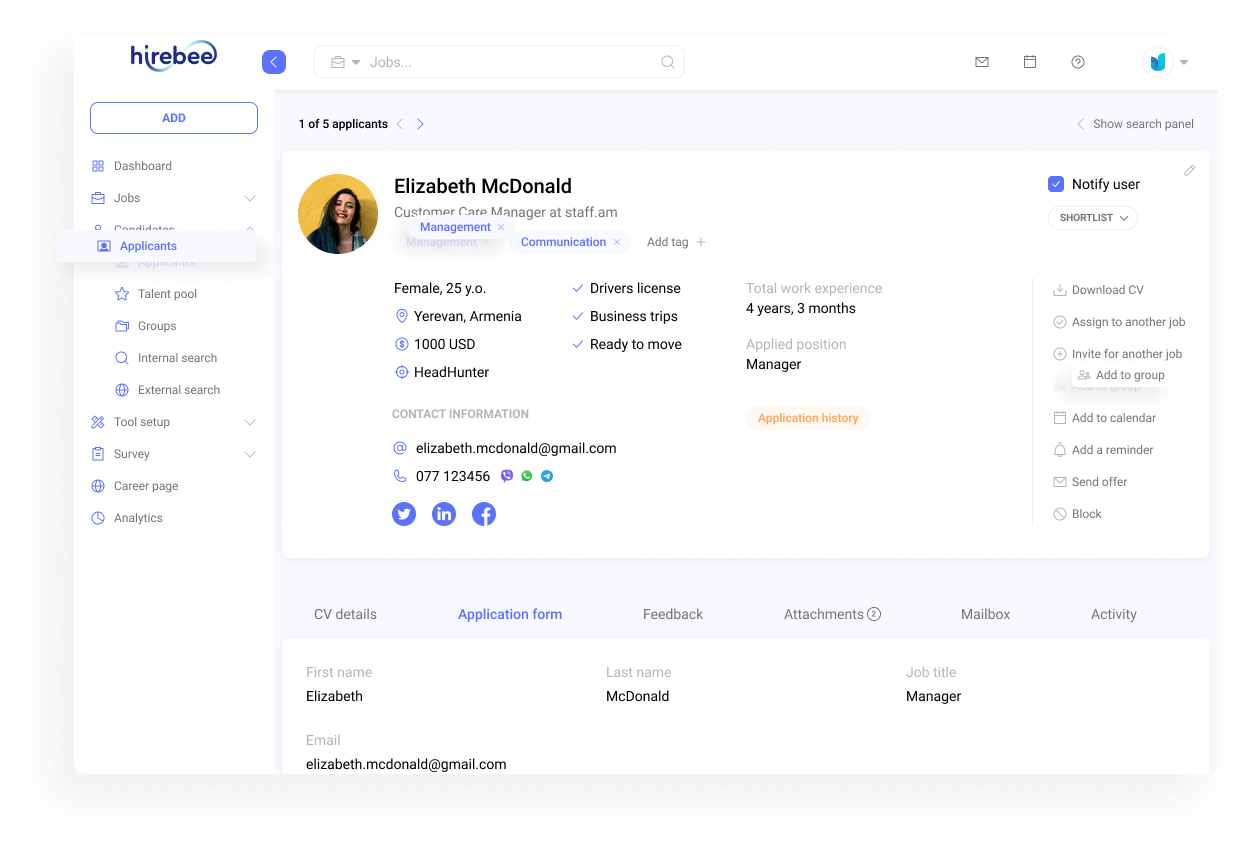 Add candidates to groups from profiles or applicant lists, view and manage groups in the side-panel, and use them for bulk emails or job invitations.