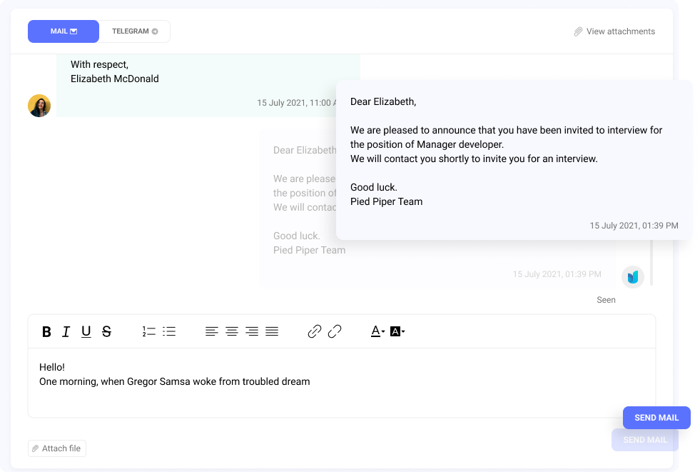 Email integration in Hirebee centralizes candidate communication, allowing you to view, compose, and respond to emails directly from candidate profiles and a general mailbox