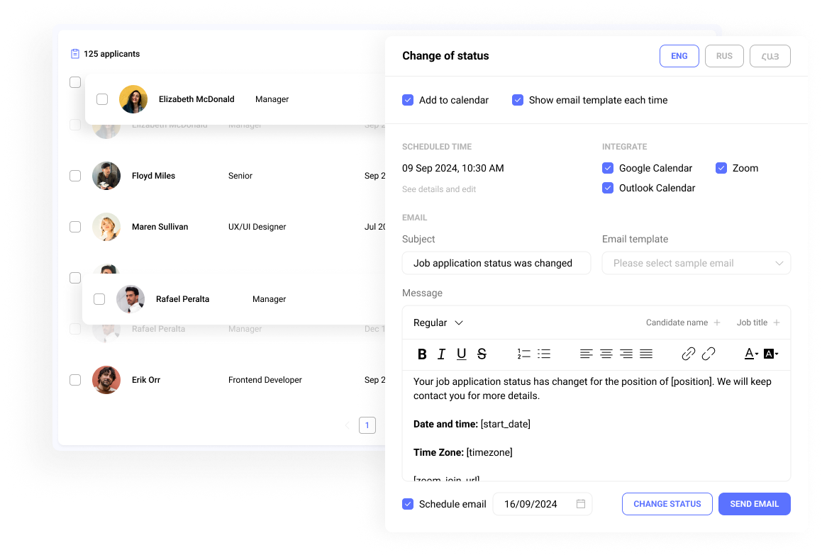 Manage candidates’ hiring status and send personalized emails with attachments