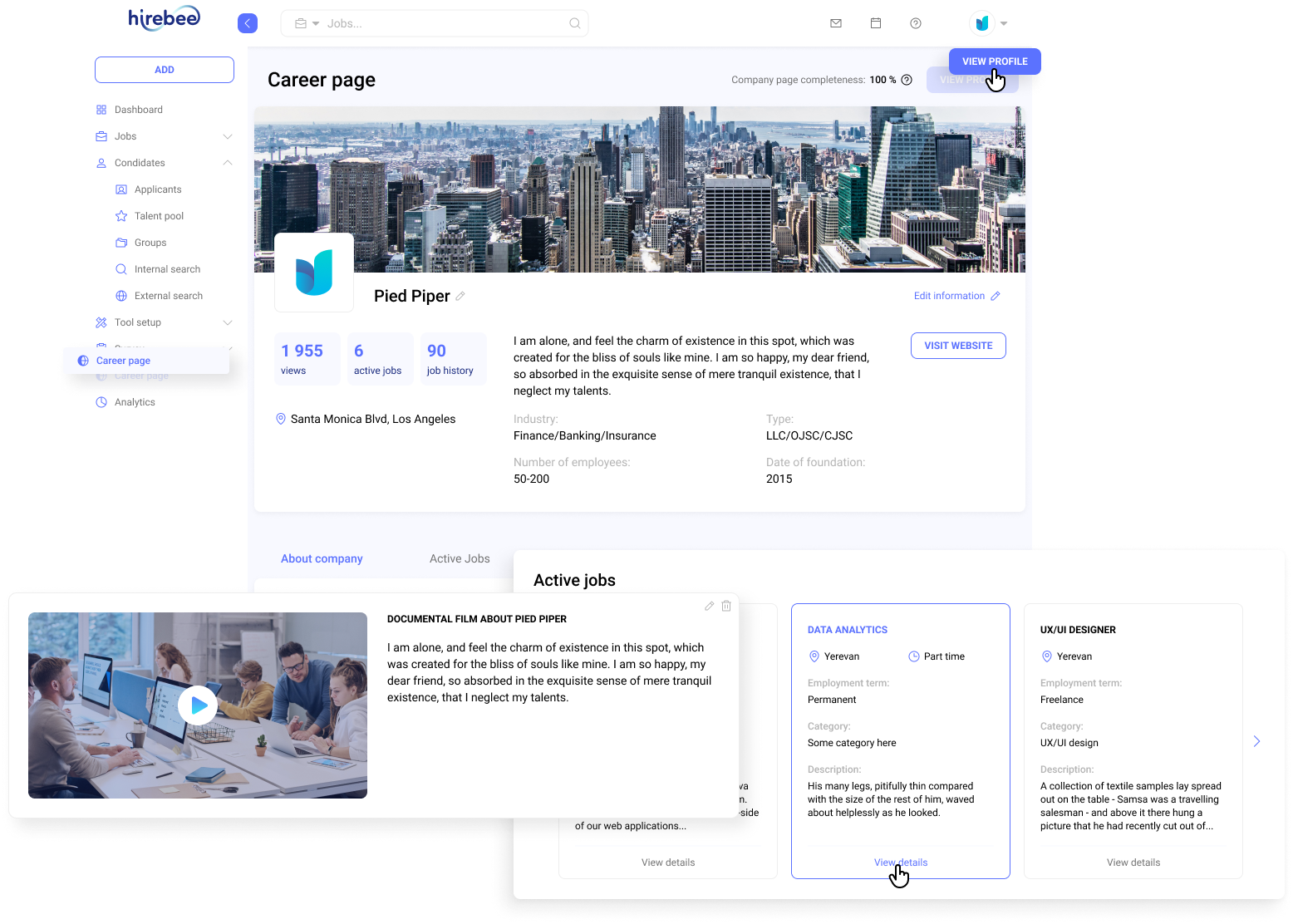 Career page that showcases active jobs and employee benefits.