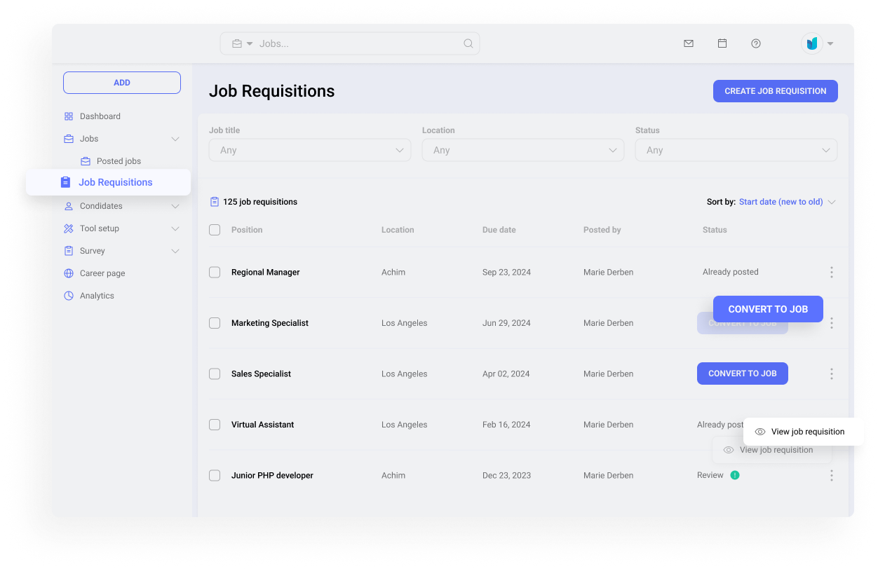 Easily manage job requisitions with Hirebee—track status, edit, duplicate, delete, and convert approved requisitions into job posts with auto-filled details for faster hiring.