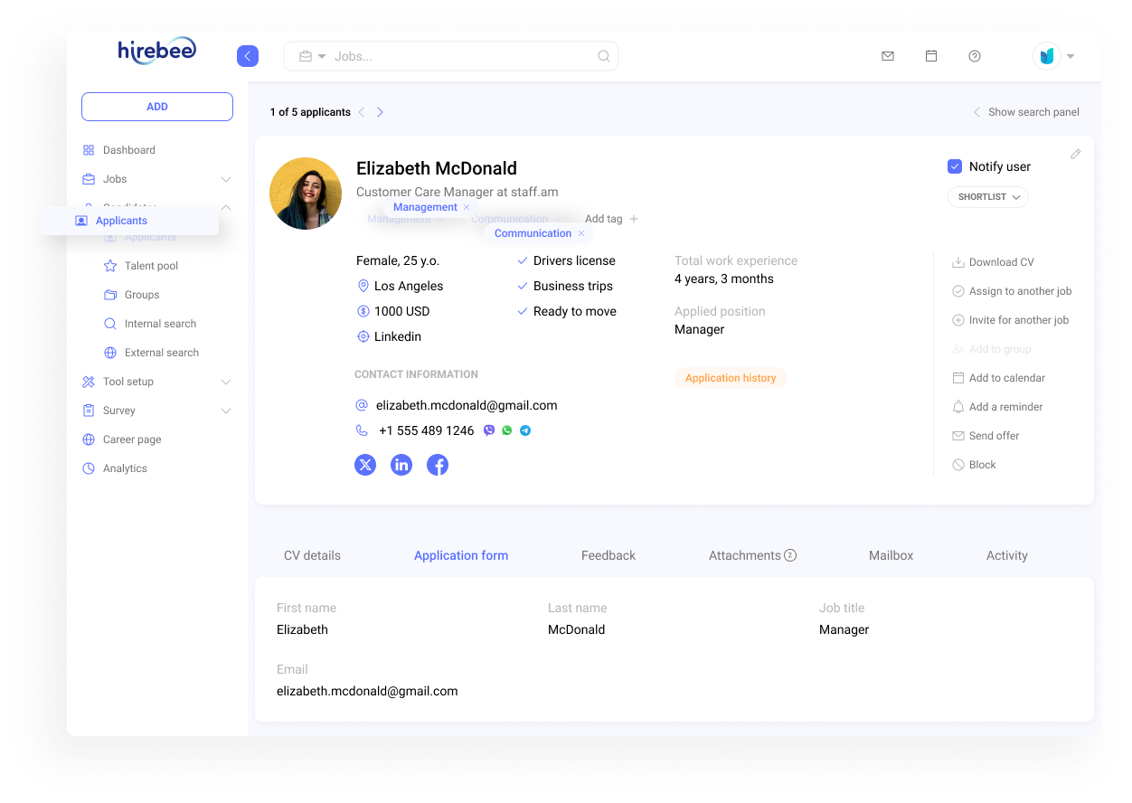 Candidate profile showing contact details, location, source, and single-click actions for managing candidates
