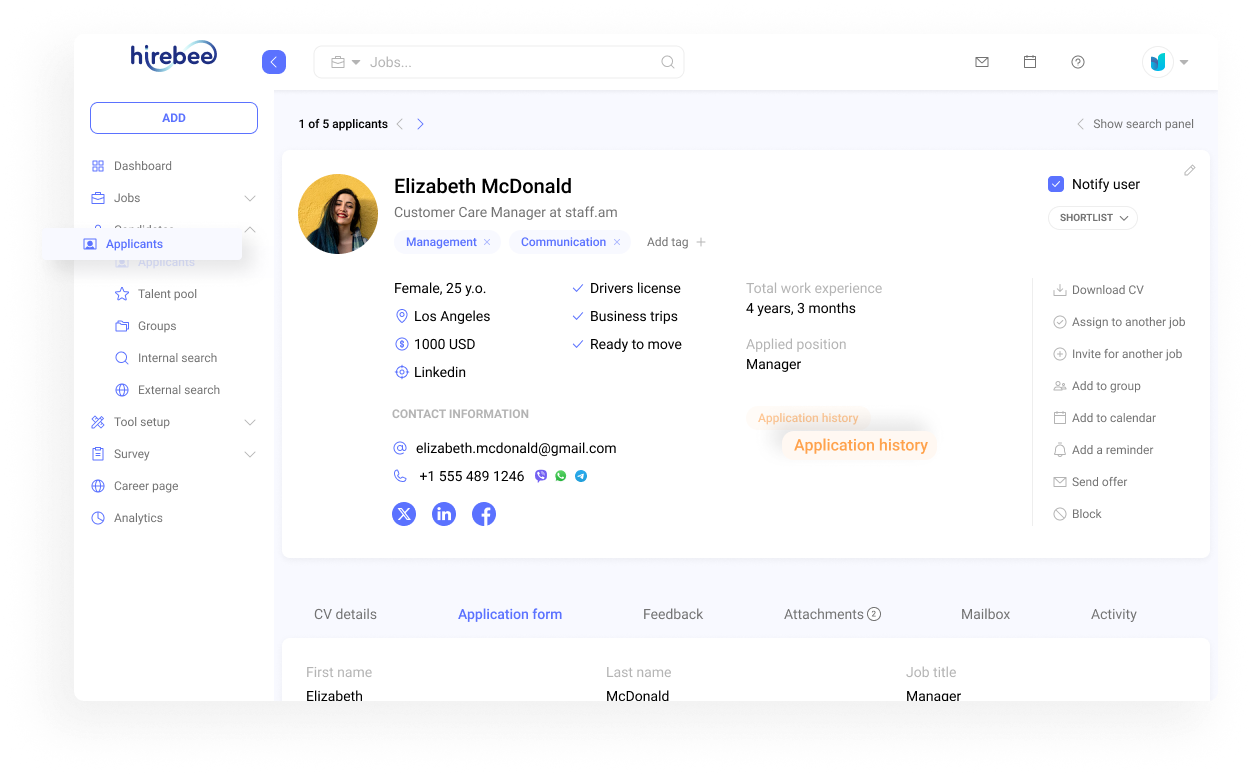 Candidate relationship management with Hirebee provides a full audit log, displaying actions, hiring stages, applications, email exchanges, and detailed candidate history.