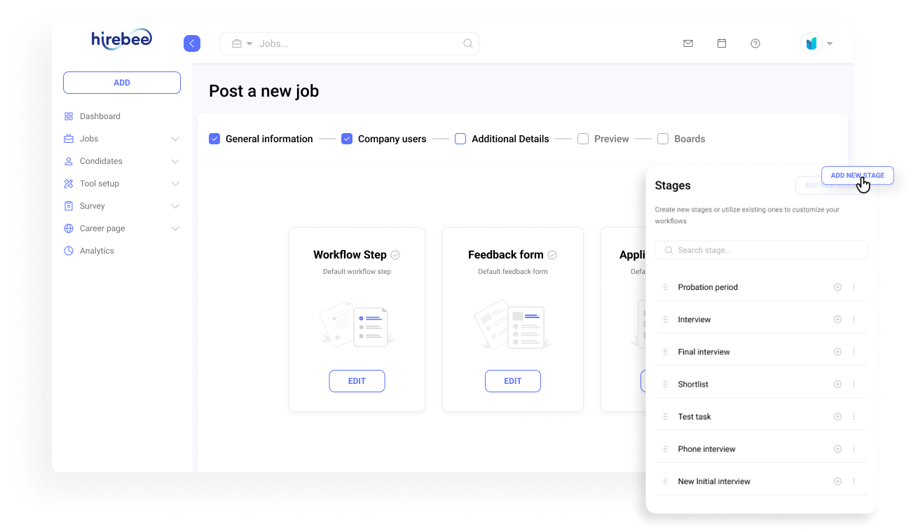 Job posting workflow where candidates move through different hiring stages based on selected workflow.