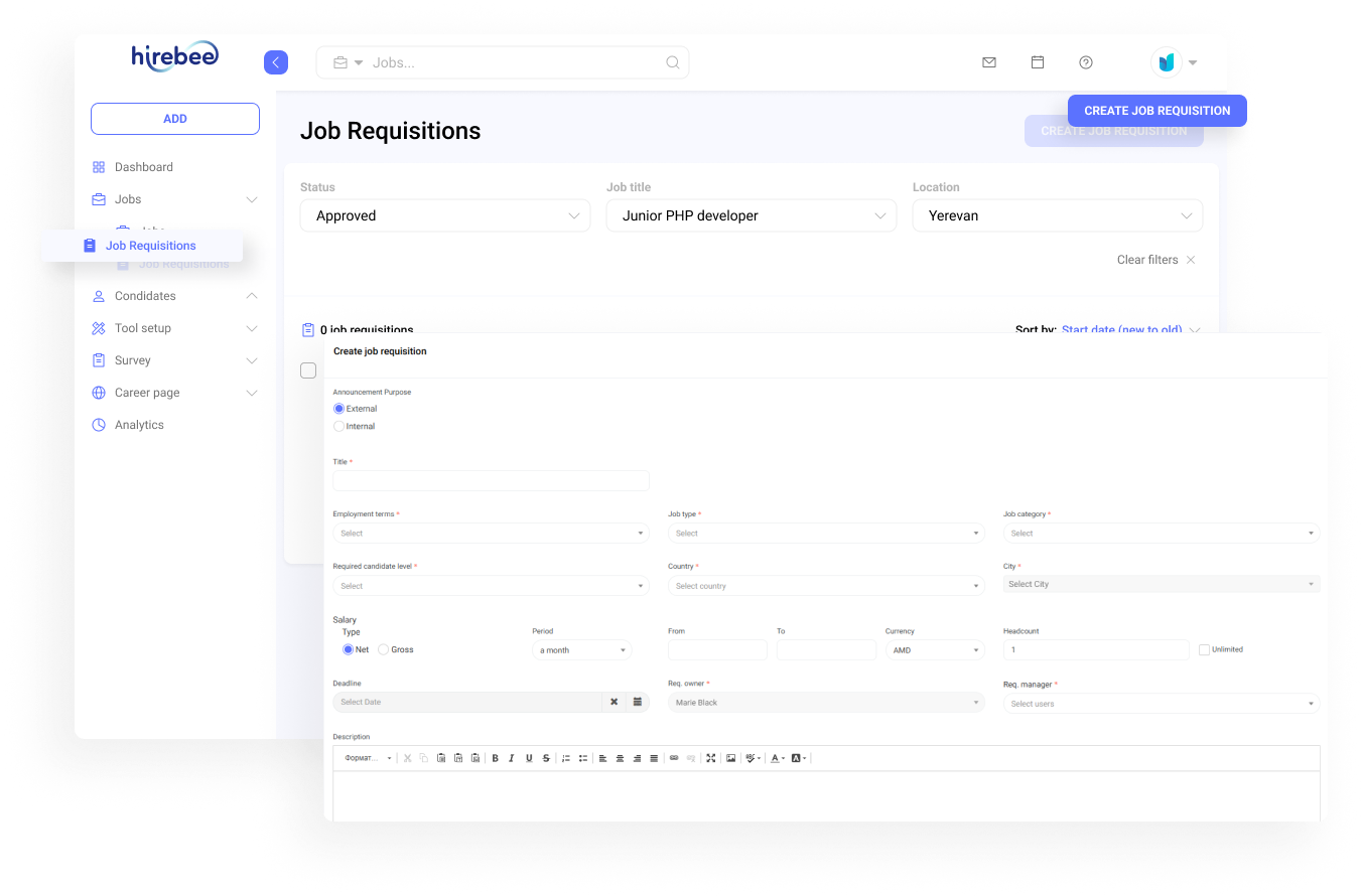 Hirebee's job requisition feature allows users to fill out required and optional fields to clearly inform requisition managers about vacancy details