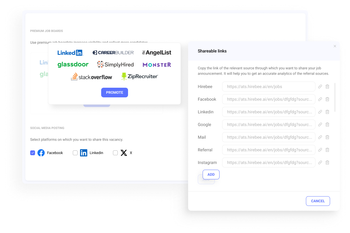 Choose job boards and social media platforms to post job listings with Hirebee, featuring direct integrations and easy tracking of applicants' sources in one system.