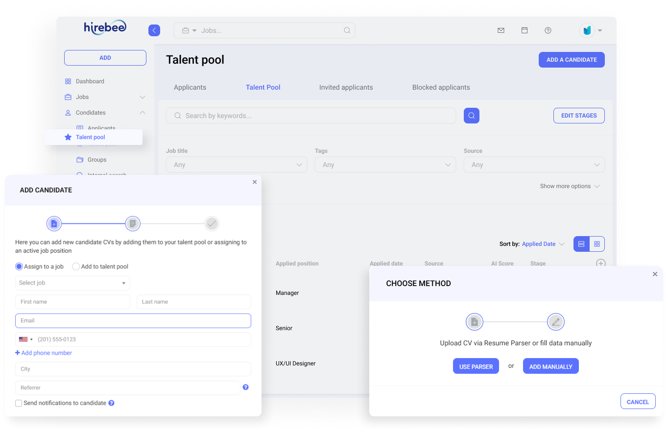 Easily add and manage candidate profiles in the talent pool via manual entry or the Hirebee Chrome extension for faster, effective recruitment.