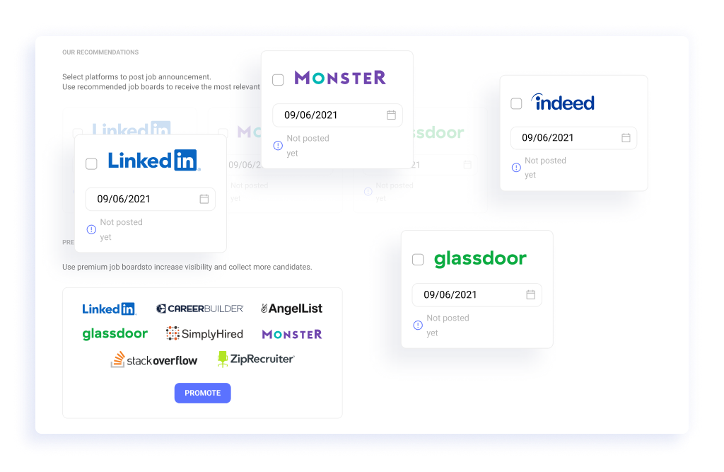 Screenshot of the Hirebee platform displaying multiple job boards where users can post their job listings.