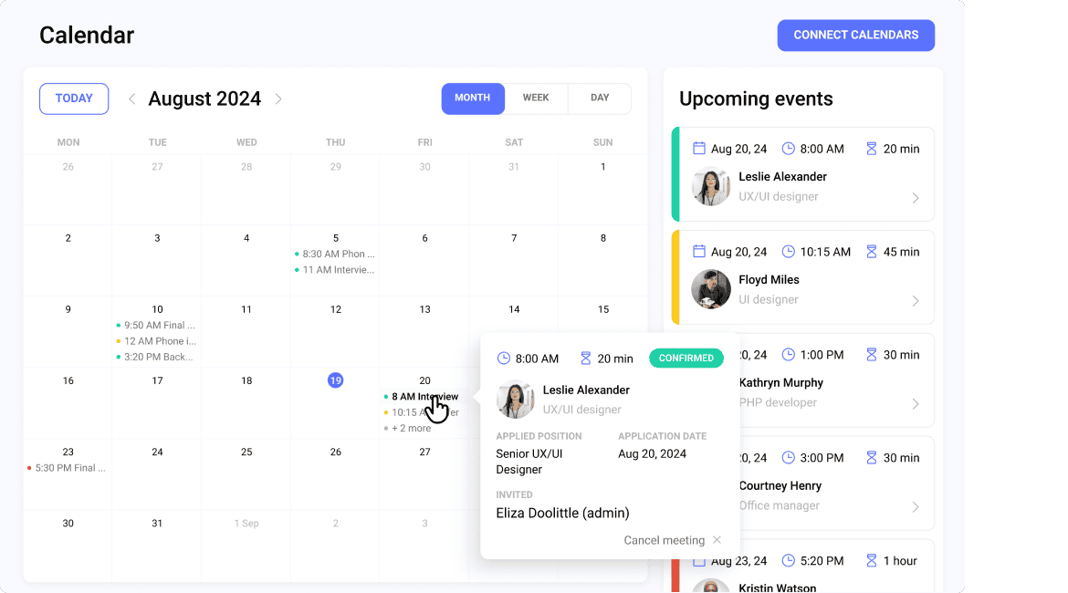 Hirebee's built-in calendar displaying several upcoming events. The cursor is hovering over one event, triggering a small pop-up card that shows details of the applicant involved in the event.