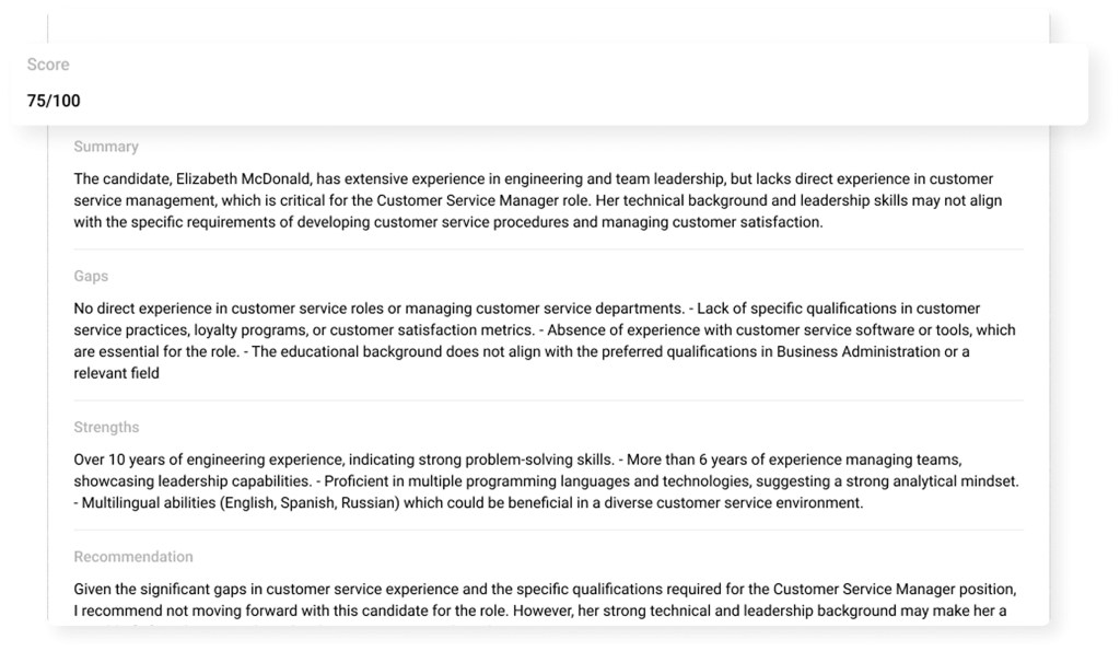 Hirebee’s AI-powered candidate insights with AI scores, summary evaluations, and detailed applicant information to reduce bias.