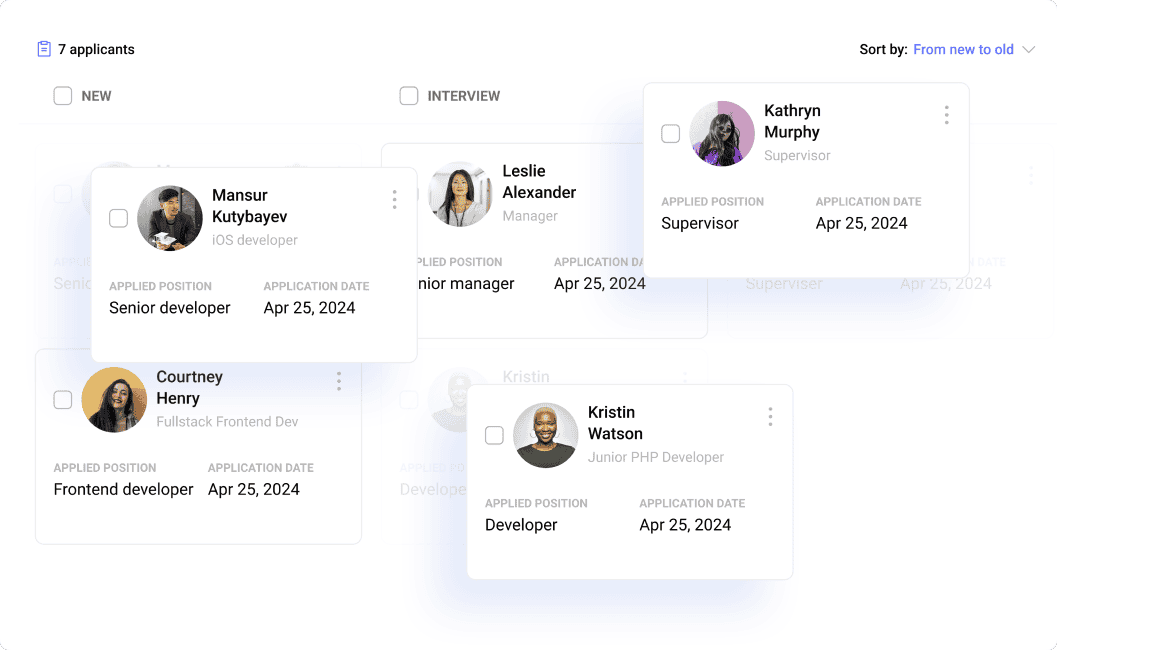 Hirebee interface displaying a list of applicants showing their names, positions, sources, and dates.