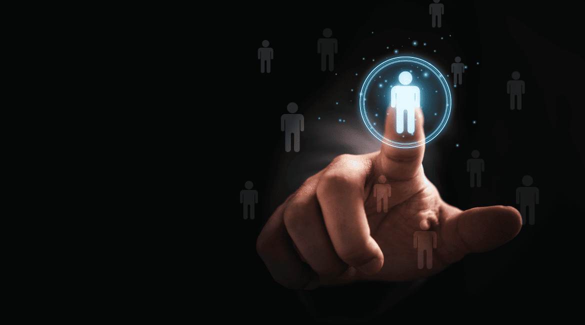 A person touching virtual human icon focus customer group human recruitment development concept