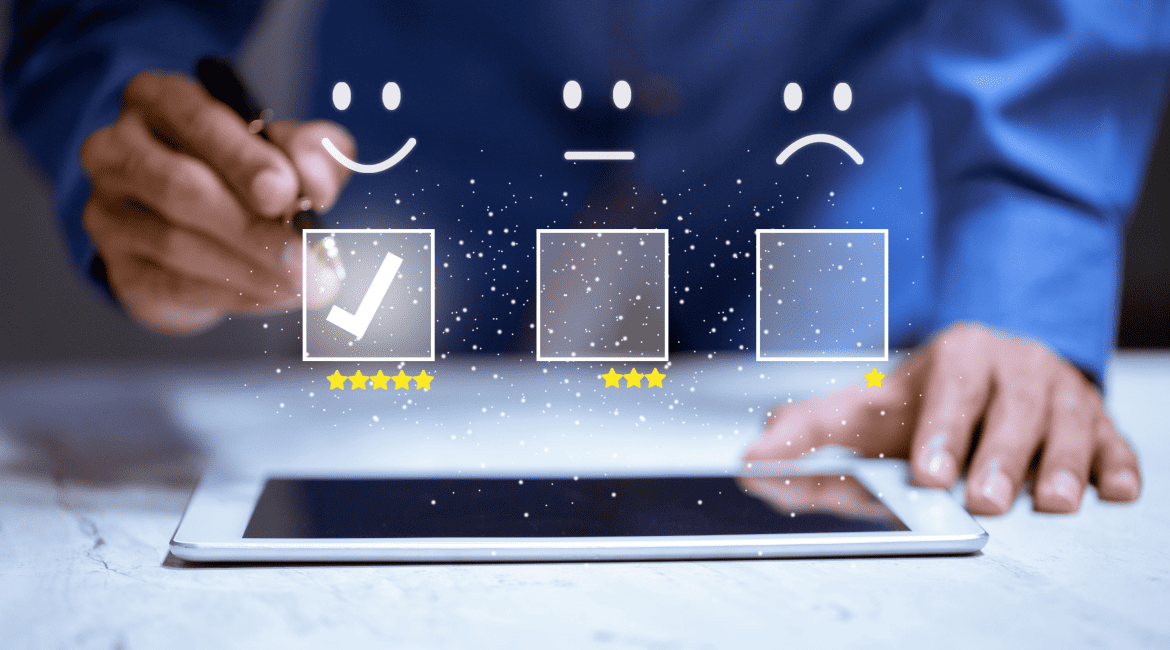 An individual pressing smiley face emoticon when rating on a survey (satisfaction concept).png