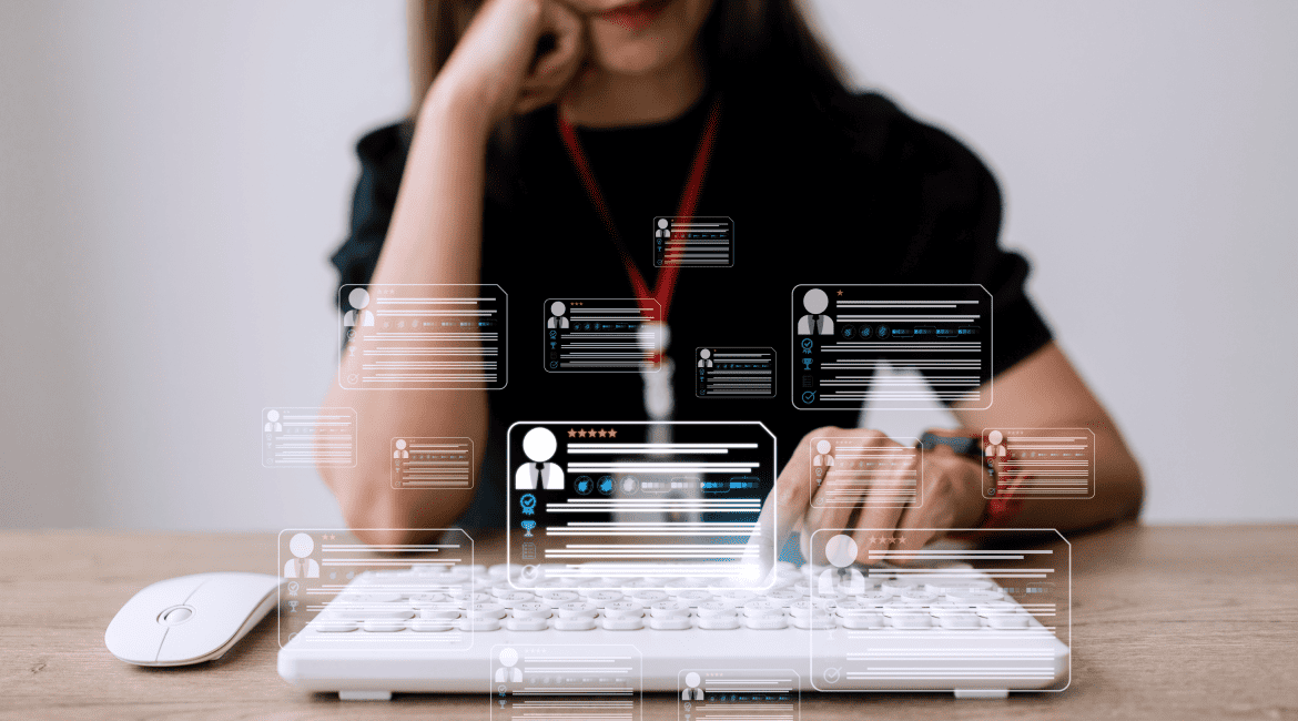 Human resource manager checks CV online to choose the perfect employee for his business concept