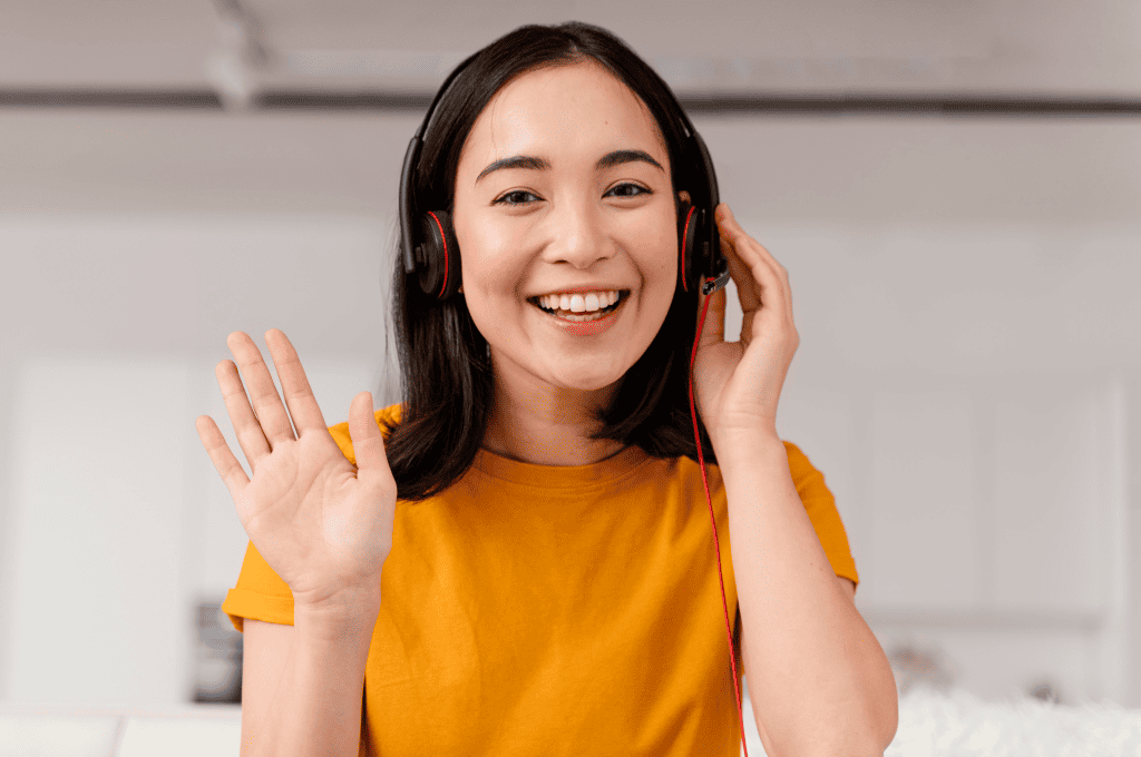 Woman with Headset on a Video Call