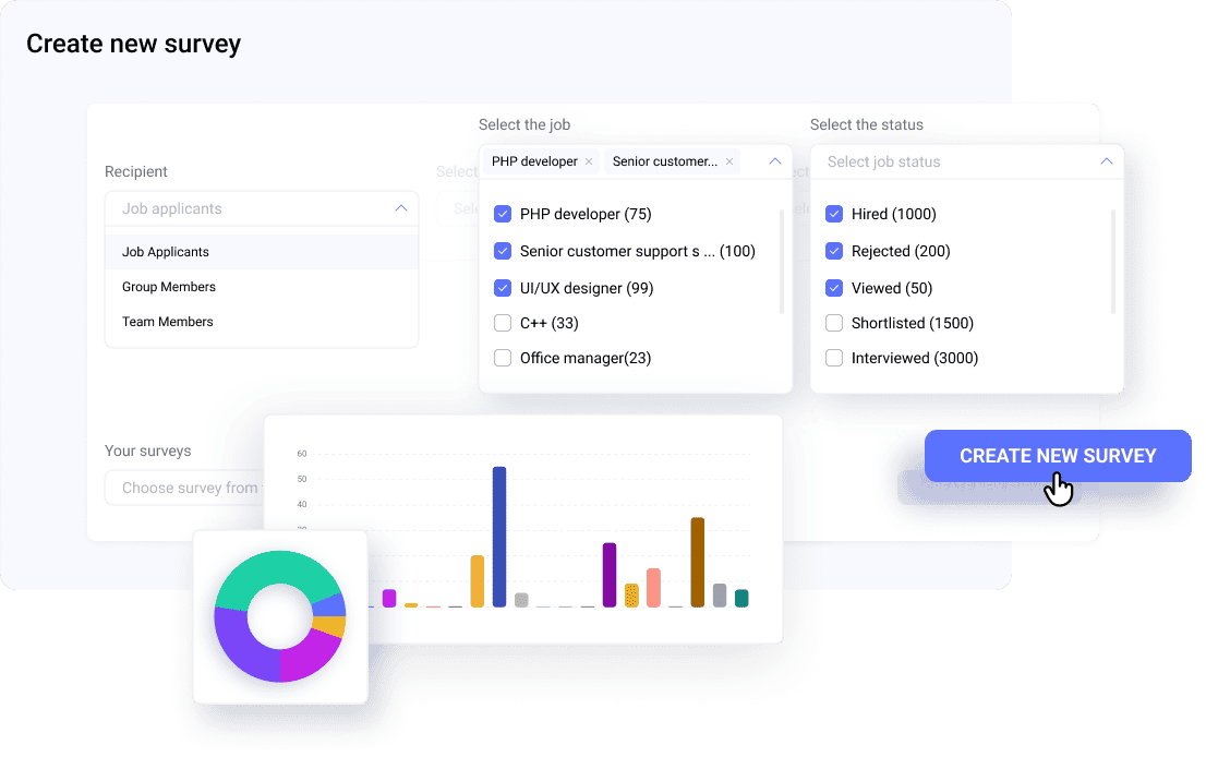 Candidate experience platform showing a selection of job applicants to send a survey, helping recruiters gather feedback and improve hiring processes.