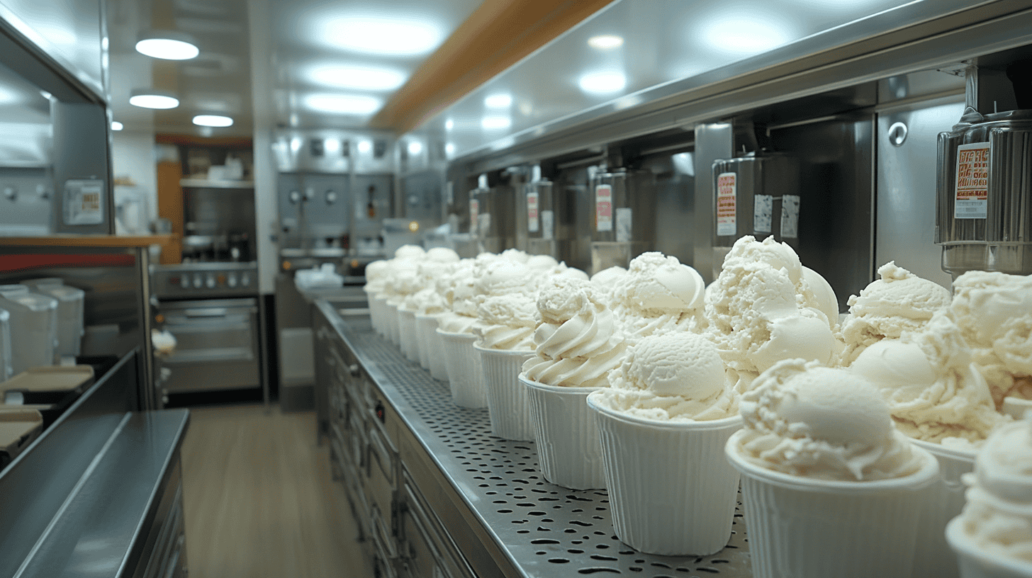 a row of ice cream cups on a metal counter