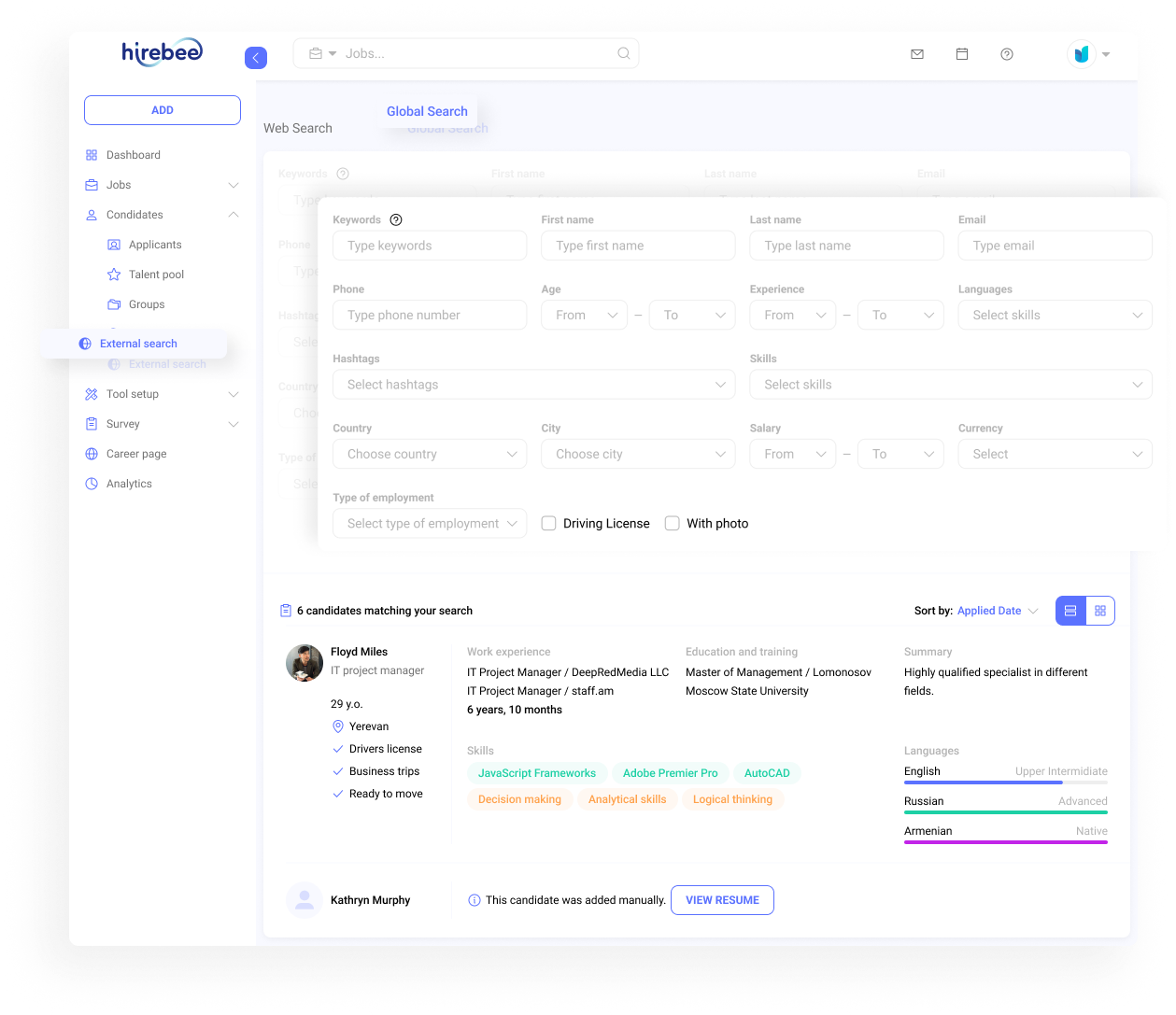 Hirebee's external search feature helps HR professionals find diverse candidates using advanced filters like age, job title, skills, industry, and location, with flexible credit-based profile access.