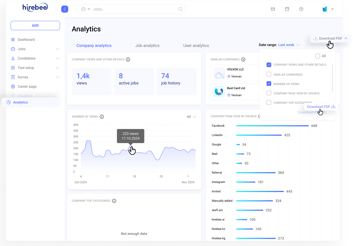 Hirebee's analytics page offers the ability to download customizable PDF reports.