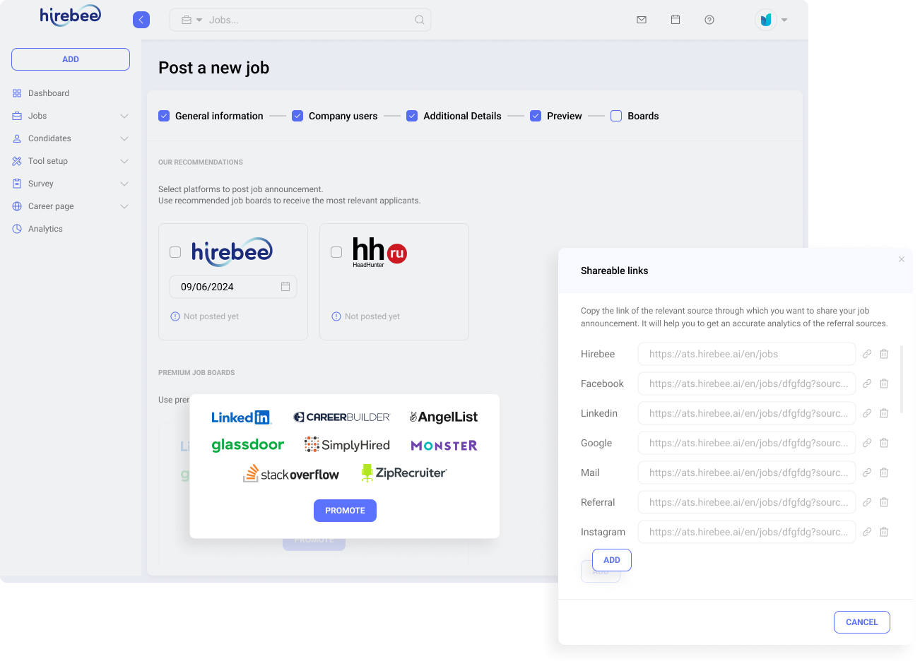 Choosing job boards and social media platforms for job postings in Hirebee, with easy direct integrations and external links.