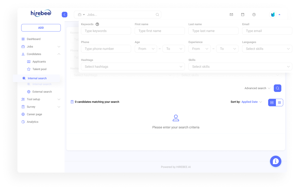 Hirebee’s internal search helps businesses find ideal candidates using filters for skills, experience, location, and more.