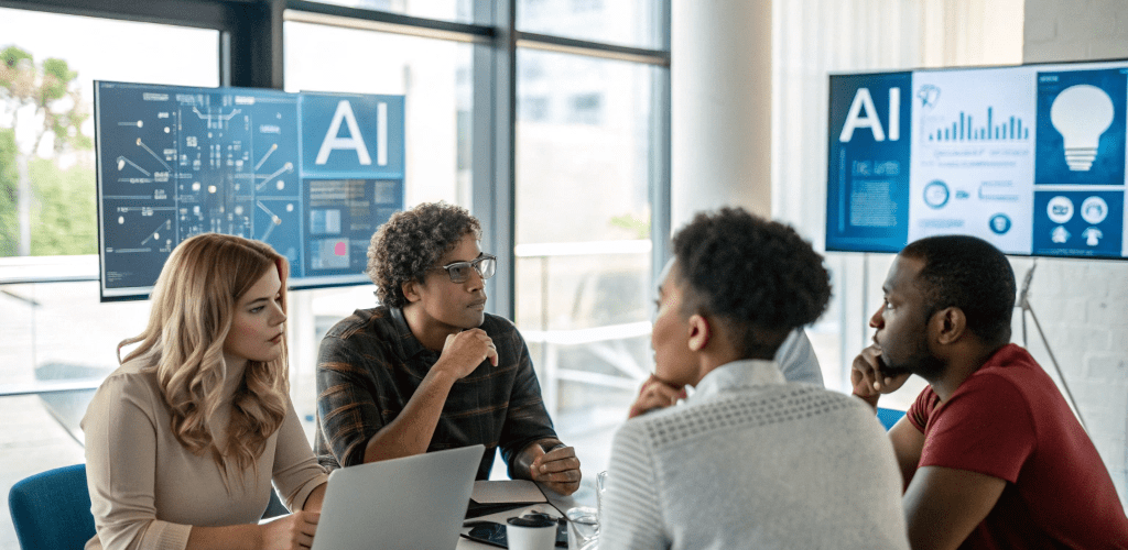 A diverse group of professionals in a modern office discussing artificial intelligence.