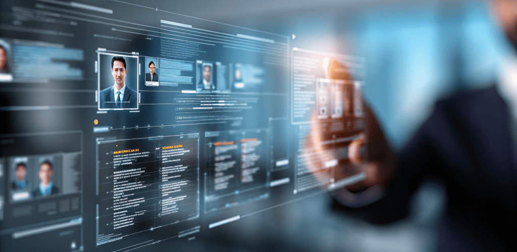 AI in recruitment technology showing a person using a digital interface with candidate profiles, resumes, and job recommendations, symbolizing generative AI and skills-based hiring.
