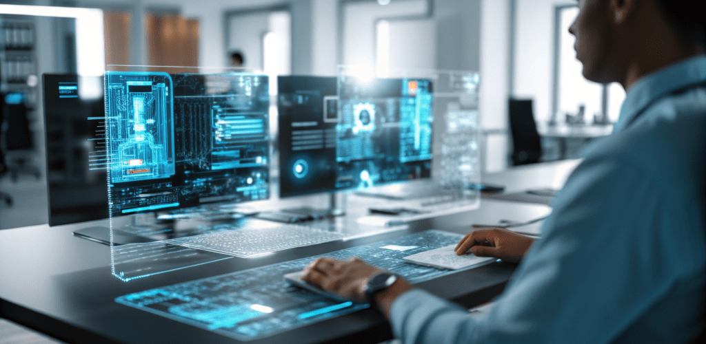 Engineer using advanced AI-powered technology with showing data visualization, 3D models, and digital analytics at a modern workstation.
